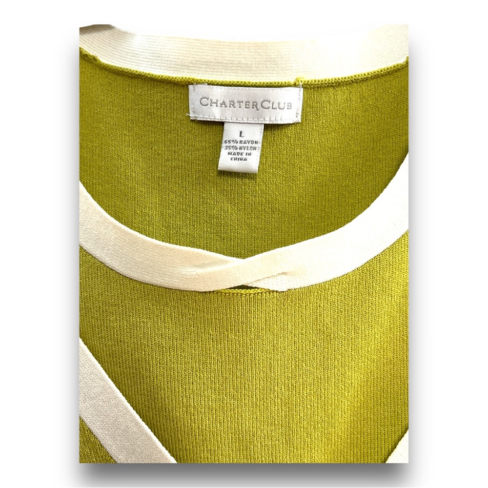 CHARTER CLUB Vintage Y2K Olive green white trim cardigan and tank top SZ L - Picture 11 of 16